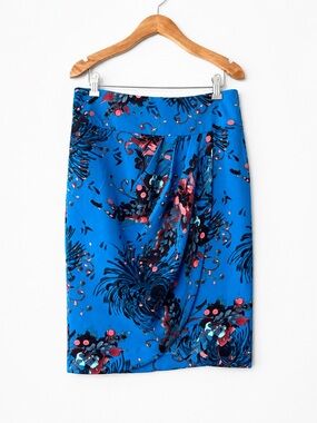 EVA MENDES floral draped pencil skirt blue tropical office midi skirt